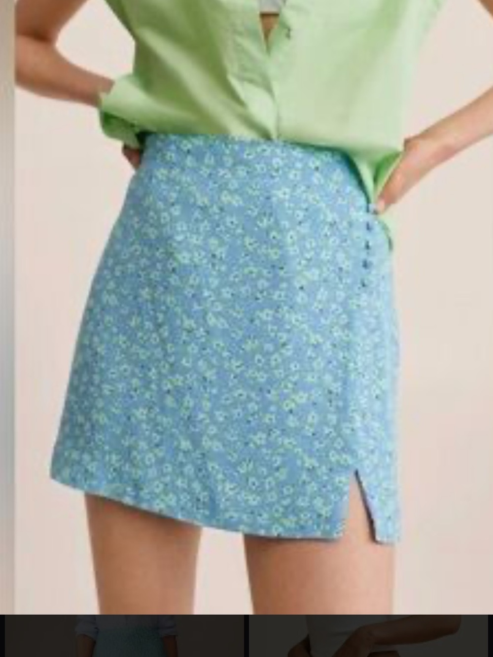 Mango Blue Floral Mini Skirt with Side Slit